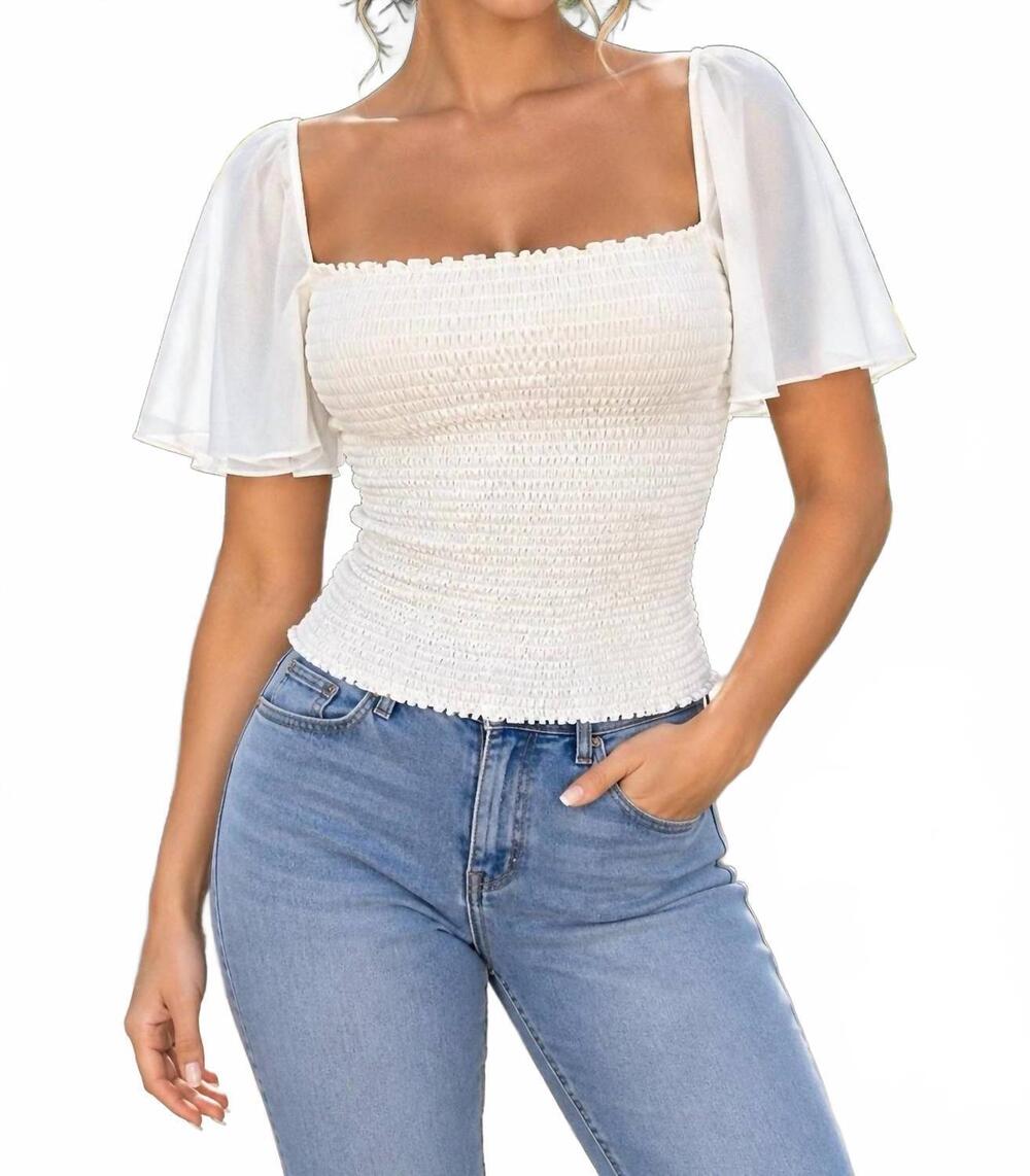 NEW THEORY short sleeve smocked top in ivory